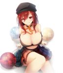  1girl bare_legs bare_shoulders black_hat black_shirt breasts chains cleavage closed_mouth collar collarbone commentary_request earth_(ornament) from_above hair_over_one_eye hat hecatia_lapislazuli highres large_breasts long_hair midriff miniskirt moon_(ornament) multicolored multicolored_clothes multicolored_skirt navel red_eyes redhead shirt sitting skirt smile solo t-shirt touhou white_background z.o.b 