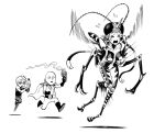  1girl 2boys :d android antennae bald belt boots breasts cape commentary_request extra_eyes fewer_digits flying flying_sweatdrops genos gloves greyscale horn insect_girl insect_wings insecticide medium_breasts monochrome monster_girl mosquito_coil mosquito_girl mosquito_musume multiple_boys murata_yuusuke one-punch_man open_mouth pants running saitama_(one-punch_man) shirt shoes simple_background smile superhero white_background wings 