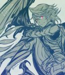  1boy armor fire_emblem fire_emblem_heroes fire_emblem_if hairband long_hair male_focus male_my_unit_(fire_emblem_if) monochrome my_unit_(fire_emblem_if) pointy_ears red_eyes short_hair smile solo wings 