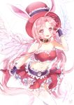  1girl :d angel_wings animal_ears bangs bare_shoulders blush choker feathered_wings feathers frilled_skirt frills full_moon_wo_sagashite gloves hat highres long_hair meroko_yui midriff mp_(h_mirus) navel open_mouth parted_bangs pink_eyes pink_hair rabbit_ears red_gloves red_skirt skirt skirt_set smile solo thigh-highs top_hat very_long_hair white_background white_feathers white_legwear wings wrist_cuffs zettai_ryouiki 