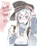  1girl ainu_clothes blue_eyes blue_hair blue_jacket blush closed_mouth comic dress flat_cap hair_between_eyes hat headband itomugi-kun jacket kamoi_(kantai_collection) kantai_collection long_hair long_sleeves looking_at_viewer military military_hat military_jacket military_uniform multicolored_hair peaked_cap ponytail sidelocks silver_hair simple_background solo translation_request uniform 