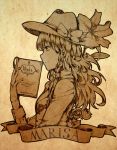  1girl alternate_costume bangs book bow braid character_name closed_mouth cowboy_hat flower from_side hat hat_bow holding holding_book jacket kirisame_marisa long_hair long_sleeves monochrome profile rose sepia smile solo touhou zicai_tang 