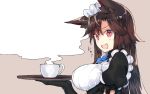  1girl alternate_costume animal_ears apron bangs black_gloves blue_ribbon breasts brown_background brown_hair coffee_mug commentary_request enmaided fang from_side gloves holding holding_tray imaizumi_kagerou kasuka_(kusuki) large_breasts long_hair looking_at_viewer looking_to_the_side maid maid_apron maid_headdress open_mouth red_eyes ribbon short_sleeves solo steam touhou tray upper_body wolf_ears 