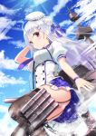  1girl anchor ass azur_lane black_legwear blue_sky blush breasts chains closed_mouth clouds cloudy_sky commentary_request cygnet_(azur_lane) day garter_straps hair_bun hat light_rays long_hair looking_at_viewer machinery medium_breasts outdoors red_eyes short_sleeves skirt sky solo sunbeam sunlight thigh-highs torpedo_tubes white_hair yasuyuki 