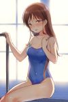  1girl :d backlighting bangs bare_arms bare_legs bare_shoulders blue_swimsuit blush brown_eyes brown_hair collarbone commentary_request competition_swimsuit eyebrows_visible_through_hair hand_on_own_chest hands_up idolmaster idolmaster_cinderella_girls indoors long_hair looking_at_viewer nitta_minami on_floor one-piece_swimsuit open_mouth pool_ladder poolside sekiya_asami shiny shiny_skin sitting smile solo strap_slip swimsuit tareme thighs tile_floor tiles water_drop wet 