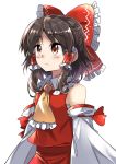  1girl ascot bare_shoulders blush bow brown_eyes closed_mouth detached_sleeves e.o. expressionless eyebrows_visible_through_hair frilled_bow frilled_shirt_collar frills hair_bow hair_tubes hakurei_reimu highres long_sleeves red_bow red_skirt red_vest ribbon-trimmed_collar ribbon_trim shoes short_hair sidelocks simple_background skirt sleeveless solo tareme touhou upper_body vest white_background yellow_neckwear 