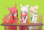  3girls alpaca_ears alpaca_suri_(kemono_friends) animal_ears bangs bird_tail blonde_hair blunt_bangs brown_eyes chair closed_eyes cup eyebrows_visible_through_hair fur_collar gloves green_background hair_bun head_wings highres holding holding_cup japanese_crested_ibis_(kemono_friends) kemono_friends legs_together long_hair long_sleeves looking_at_another multicolored_hair multiple_girls neck_ribbon open_mouth pantyhose pleated_skirt red_gloves red_legwear red_shirt red_skirt redhead ribbon scarlet_ibis_(kemono_friends) shirt simple_background sitting skirt smile table tail tomato_(lsj44867) vest violet_eyes white_hair white_legwear white_shirt yellow_skirt yellow_vest 