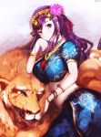  1girl bracelet breasts circlet closed_mouth dyolf fate/grand_order fate_(series) flower hair_flower hair_ornament indian_clothes jewelry large_breasts lion long_hair looking_at_viewer matou_sakura necklace parvati_(fate/grand_order) puffy_short_sleeves puffy_sleeves purple_hair short_sleeves smile violet_eyes 