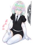  androgynous belt black_shirt black_shorts blush bort commentary_request debutya_aki diamond_(houseki_no_kuni) elbow_gloves eyebrows_visible_through_hair gloves grey_eyes houseki_no_kuni jealous lap long_hair looking_at_viewer multicolored_hair necktie open_mouth patting_lap rainbow_hair shadow shirt short_hair short_sleeves shorts simple_background sitting smile sparkle thigh-highs translation_request white_background white_gloves white_legwear 