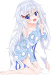  1girl :d bangs bare_shoulders barefoot blue_eyes blue_shirt blush breasts collarbone commentary_request eyebrows_visible_through_hair full_body hair_between_eyes hair_flaps hair_ornament hairclip hand_on_leg hashiko_no_woto highres kneehighs long_hair long_sleeves looking_at_viewer off_shoulder open_mouth original pajamas pillow print_pajamas print_shirt shirt silver_hair simple_background small_breasts smile solo tareme v very_long_hair white_background 
