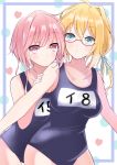  2girls blonde_hair blue_eyes breasts highres i-58_(kantai_collection) i-8_(kantai_collection) kantai_collection low_twintails medium_breasts multiple_girls name_tag one-piece_swimsuit pink_eyes pink_hair red-framed_eyewear school_swimsuit semi-rimless_eyewear short_hair swimsuit twintails under-rim_eyewear 