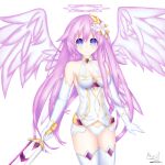  1girl absurdres artist_name bare_shoulders blue_eyes breasts cleavage cosplay elbow_gloves flower four_goddesses_online:_cyber_dimension_neptune gloves hair_flower hair_ornament halo highres holding holding_sword holding_weapon jewelry long_hair looking_at_viewer medium_breasts neptune_(series) power_symbol purple_hair purple_heart purple_heart_(cosplay) purple_sister simple_background smile solo sword symbol-shaped_pupils thigh-highs very_long_hair weapon white_background white_gloves white_legwear wings 