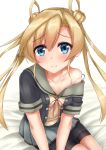  1girl abukuma_(kantai_collection) bed_sheet bike_shorts blonde_hair blue_eyes blush collarbone commentary_request double_bun highres kantai_collection long_hair looking_at_viewer pleated_skirt remodel_(kantai_collection) rokosu_(isibasi403) school_uniform serafuku shorts_under_skirt sitting skirt smile solo twintails 