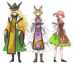  3girls bandage bandaged_arm black_footwear black_hat blonde_hair boots brown_footwear bun_cover commentary_request detached_sleeves dress full_body green_skirt hat hat_ribbon highres ibaraki_kasen kan_(aaaaari35) long_hair long_sleeves looking_at_viewer matara_okina mob_cap multiple_girls pink_eyes pink_hair puffy_long_sleeves puffy_short_sleeves puffy_sleeves red_ribbon ribbon short_sleeves simple_background sketch skirt smile standing tabard touhou white_background white_dress white_hat wide_sleeves yakumo_yukari yellow_eyes 