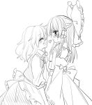  2girls :/ ^_^ apron bare_shoulders blush braid closed_eyes collared_shirt detached_sleeves face-to-face greyscale grin hakurei_reimu hand_holding happy heart height_difference imminent_kiss kirisame_marisa messy_hair monochrome multiple_girls muzuki_uruu no_hat no_headwear shirt side_braid single_braid sketch skirt skirt_set smile sweat touhou vest waist_apron wavy_hair yuri 