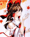  1girl ascot asutora autumn_leaves bare_shoulders bow brown_eyes brown_hair detached_sleeves hair_between_eyes hair_bow hair_tubes hakurei_reimu long_hair looking_up parted_lips red_bow red_ribbon ribbon ribbon-trimmed_sleeves ribbon_trim smile solo touhou traditional_media upper_body vest 