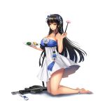  1girl absurdres ankle_ribbon artist_request assault_rifle bangs bare_legs bare_shoulders barefoot black_hair blue_flower blunt_bangs breasts butterfly_hair_ornament chopsticks cleavage collarbone detached_sleeves dress flower from_side full_body girls_frontline gun hair_flower hair_ornament hair_ribbon hands_up highres holding holding_chopsticks holding_plate kneeling large_breasts lips long_hair plate qbz-95_(girls_frontline) ribbon rifle shiny shiny_skin simple_background smile solo strapless strapless_dress talisman tassel toes very_long_hair weapon white_background white_dress white_flower white_ribbon yellow_eyes 