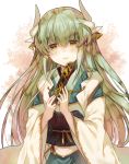  1girl :d commentary_request fan fate/grand_order fate_(series) folding_fan green_hair horns japanese_clothes kazutake_hazano kimono kiyohime_(fate/grand_order) long_hair looking_at_viewer obi open_mouth sash smile solo yellow_eyes 