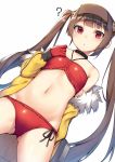  1girl :&lt; ? alexmaster azur_lane bangs bikini black_neckwear black_ribbon blunt_bangs blush breasts brown_hair choker commentary_request dutch_angle fur-trimmed_jacket fur_trim gloves gluteal_fold hair_ornament halter_top halterneck highres jacket long_hair looking_at_viewer navel off_shoulder parted_lips ping_hai_(azur_lane) red_bikini red_eyes red_gloves ribbon ribbon-trimmed_bikini sidelocks simple_background small_breasts solo swimsuit triangle_mouth twintails very_long_hair visor_cap white_background yellow_jacket 