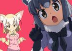  :o animal_ears black_gloves black_ribbon blonde_hair blue_hair breast_pocket brown_eyes common_raccoon_(kemono_friends) eyebrows_visible_through_hair fennec_(kemono_friends) fox_ears fox_tail fur-trimmed_gloves fur_collar fur_trim gloves grin kemono_friends looking_at_viewer multicolored_hair neck_ribbon open_mouth pink_shirt pocket raccoon_ears red_background ribbon shirt short_hair shrug simple_background smile tail tomato_(lsj44867) yellow_gloves yellow_ribbon 
