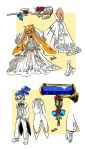  1boy 1girl absurdres artist_name bangs blue_bow blue_eyes blue_hair blue_neckwear blunt_bangs bouquet bow bowtie bracelet bridal_veil closed_mouth coattails dark_skin detached_sleeve domino_mask donut_(zoza) dress dress_shirt dynamo_roller_(splatoon) e-liter_3k_(splatoon) flower from_behind gloves hair_slicked_back hands_in_pockets high_heels highres inkling jacket jewelry long_dress long_hair long_sleeves looking_at_viewer mask multiple_views open-back_dress orange_eyes orange_hair outside_border pants pointy_ears pudding_(zoza) scope scrunchie see-through shirt shoes signature smile splatoon stitched strapless strapless_dress topknot tuxedo veil very_long_hair vest wedding wedding_dress white_belt white_dress white_footwear white_gloves white_jacket white_pants white_shirt white_vest zoza 