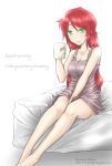  1girl aosiro-michi artist_name bed breasts cleavage coffee_mug commentary_request dated english green_eyes hair_down highres nightgown pyrrha_nikos redhead rwby smile solo 