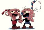  2boys brothers brown_footwear cuphead cuphead_(game) drinking_straw gloves male_focus mugman multiple_boys pointing pointing_at_viewer shoes shorts siblings simple_background tearing_up white_background white_gloves 