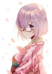  1girl bangs black-framed_eyewear blurry breasts depth_of_field eyebrows_visible_through_hair fate/grand_order fate_(series) from_side glasses hair_over_one_eye highres japanese_clothes kimono lavender_hair long_sleeves looking_at_viewer medium_breasts obi petals pink_kimono sash shielder_(fate/grand_order) short_hair smile solo upper_body violet_eyes white_background zhibuji_loom 