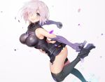  1girl :d absurdres ameyame armor armored_dress ass bangs black_dress black_footwear blurry blush breasts depth_of_field dress elbow_gloves eyebrows_visible_through_hair fate/grand_order fate_(series) from_side gloves hair_over_one_eye high_heels highres large_breasts looking_at_viewer open_mouth petals purple_gloves purple_hair shielder_(fate/grand_order) short_hair smile solo thigh-highs thigh_strap thighs 