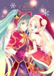  2girls :d aa2233a alternate_hair_color ambitious_elf_jinx aqua_hair bell blonde_hair blue_eyes capelet english gloves hair_bun hand_holding hat jinx_(league_of_legends) league_of_legends long_hair looking_at_viewer merry_christmas multiple_girls open_mouth pointy_ears red_choker red_gloves santa_costume santa_hat silent_night_sona smile snowflakes sona_buvelle standing twintails watermark web_address 