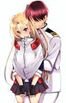  1boy 1girl admiral_(azur_lane) azur_lane black_hair blonde_hair blush cleveland_(azur_lane) faceless faceless_male fang fingerless_gloves gloves hug hug_from_behind jacket military military_uniform nazo_no_murasame_chiaki open_mouth red_eyes uniform white_background 