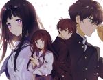  1boy 1girl :o back-to-back bangs black_hair black_skirt blouse blush brown_hair chitanda_eru closed_mouth eyebrows_visible_through_hair fingers_together gakuran green_eyes hand_up hands_up hyouka long_hair long_sleeves mery_(apfl0515) multiple_views open_mouth oreki_houtarou own_hands_together parted_lips pleated_skirt school_uniform serafuku skirt white_blouse 
