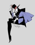  1boy 1girl beard book cane dress duke_of_vaults facial_hair fishnets grey_background hat high_heels missi monster_boy pointy_ears purple_hair scared short_hair simple_background sitting sitting_on_lap sitting_on_person song_name the_night top_hat vampire 
