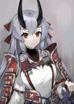  1girl armor expressionless fate/grand_order fate_(series) fingerless_gloves gloves hair_between_eyes headband japanese_armor long_hair oni_horns red_eyes sidelocks sketch sode solo tomoe_gozen_(fate/grand_order) weapon white_hair yumaomi 