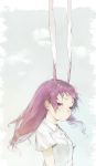  1girl animal_ears bad_id bad_twitter_id closed_mouth collared_shirt commentary_request expressionless extra_ears floating_hair grey_background half-closed_eyes highres long_hair purple_hair rabbit_ears red_eyes reisen_udongein_inaba ryono_mizuki shirt short_sleeves simple_background solo touhou upper_body very_long_ears white_shirt wind wing_collar 
