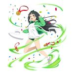  1girl :d black_eyes black_hair bow floating_hair full_body green_bow green_buruma green_hairband green_jacket gym_uniform hair_bow jacket long_hair open_clothes open_jacket open_mouth ribbon shirt smile socks solo sword_art_online transparent_background very_long_hair white_legwear white_ribbon white_shirt yui_(sao) 