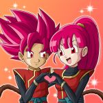  1boy 1girl beat_(dragon_ball) blush dragon_ball dragon_ball_heroes heart_shape karoine note_(dragon_ball) open_mouth red_eyes redhead saiyan smile super_saiyan super_saiyan_god tail 