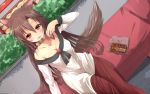  1girl animal_ears breasts brooch brown_hair cleavage dress dutch_angle eating food hair_between_eyes himura_1129 imaizumi_kagerou jewelry long_hair long_sleeves medium_breasts outdoors red_eyes solo tail touhou wolf_ears wolf_tail 