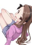  1girl absurdres bare_legs barefoot blush boyshorts brown_eyes brown_hair forehead from_above hairband highres hood hoodie idolmaster long_hair looking_at_viewer minase_iori open_mouth simple_background sitting smile solo white_background yamamoto_souichirou 