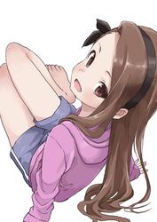  1girl absurdres bare_legs barefoot blush boyshorts brown_eyes brown_hair forehead from_above hairband highres hood hoodie idolmaster long_hair looking_at_viewer minase_iori open_mouth simple_background sitting smile solo white_background yamamoto_souichirou 