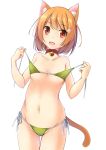  1girl :d animal_ears bell bell_collar bikini bikini_lift blush breasts brown_eyes brown_hair cat_ears cat_tail cleavage collar collarbone cowboy_shot eyebrows_visible_through_hair green_bikini groin highres holding_strap jingle_bell looking_at_viewer medium_breasts navel open_mouth original paw_hair_ornament shibacha_(shibacha_0728) short_hair side-tie_bikini simple_background smile solo swimsuit tail white_background 