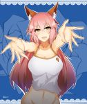  1girl :d animal_ears bare_arms bare_shoulders blue_background blush breasts cleavage commentary_request eyebrows_visible_through_hair fang fate/grand_order fate_(series) fox_ears hair_between_eyes highres large_breasts long_hair looking_at_viewer midriff myumi navel open_mouth out-of-frame_censoring outstretched_arms pink_hair reaching_out shirt smile solo tamamo_(fate)_(all) tamamo_no_mae_(fate) twitter_username upper_body white_shirt yellow_eyes 