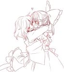  2girls ^_^ blush bow closed_eyes couple grin hair_bow hakurei_reimu happy heart hug kirisame_marisa long_sleeves lovestruck messy_hair monochrome multiple_girls muzuki_uruu skirt smile spot_color touhou vest yuri 