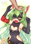  ;o animal_ears artist_name black_gloves breasts character_request chibi_inset cleavage_cutout commentary_request covered_navel dated elbow_gloves eyebrows_visible_through_hair gloves green_hair hair_between_eyes heart_cutout highres jitome kayou_(sennen_sensou_aigis) long_hair one_eye_closed orange_eyes petting playjoe2005 sennen_sensou_aigis small_breasts solo_focus 