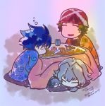  3boys bandanna blue_hair brown_hair chibi enjouji_michiru food fruit idolmaster idolmaster_side-m kizaki_ren kotatsu male_focus mandarin_orange multiple_boys silver_hair sleeping sleepy table taiga_takeru the_kogado 