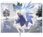  1girl ahoge blue_dress blue_eyes blue_hair cirno dress fairy grin hair_ribbon ice ice_wings looking_at_viewer ribbon shihou_(g-o-s) short_hair signature smile snowflakes solo touhou tree wings 