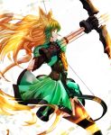  1girl ahoge animal_ears archer_of_red black_legwear blonde_hair bow_(weapon) cat_ears closed_mouth cowboy_shot dress dyolf fate/apocrypha fate_(series) from_side gauntlets green_dress green_eyes green_hair holding holding_bow_(weapon) holding_weapon long_hair multicolored_hair profile solo thigh-highs two-tone_hair very_long_hair weapon 