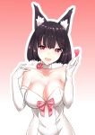  1girl :d absurdres alternate_costume animal_ears azur_lane bare_shoulders black_hair blush breasts cat_ears choker cleavage commentary_request dress elbow_gloves fang gloves gradient gradient_background highres large_breasts looking_at_viewer off-shoulder_dress off_shoulder open_mouth red_eyes short_hair simple_background smile solo white_dress white_gloves yamashiro_(azur_lane) zhi_jiyang 