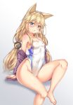  1girl animal_ears bare_legs blonde_hair blue_eyes blush breasts cenangam competition_swimsuit covered_navel full_body g41_(girls_frontline) girls_frontline gradient gradient_background heterochromia highres knee_up long_hair looking_at_viewer one-piece_swimsuit parted_lips red_eyes sitting small_breasts solo swimsuit thighs very_long_hair white_swimsuit 