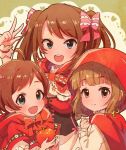  1boy 2girls ahoge apple bow brown_hair cosplay dress food fruit hair_bow idolmaster idolmaster_cinderella_girls idolmaster_million_live! idolmaster_side-m kinoshita_hinata little_red_riding_hood little_red_riding_hood_(cosplay) looking_at_viewer mizushima_saki multiple_girls open_mouth pink_bow red_bow red_hood shinonoko_(tubamecider) smile trap twintails upper_body v yorita_yoshino 